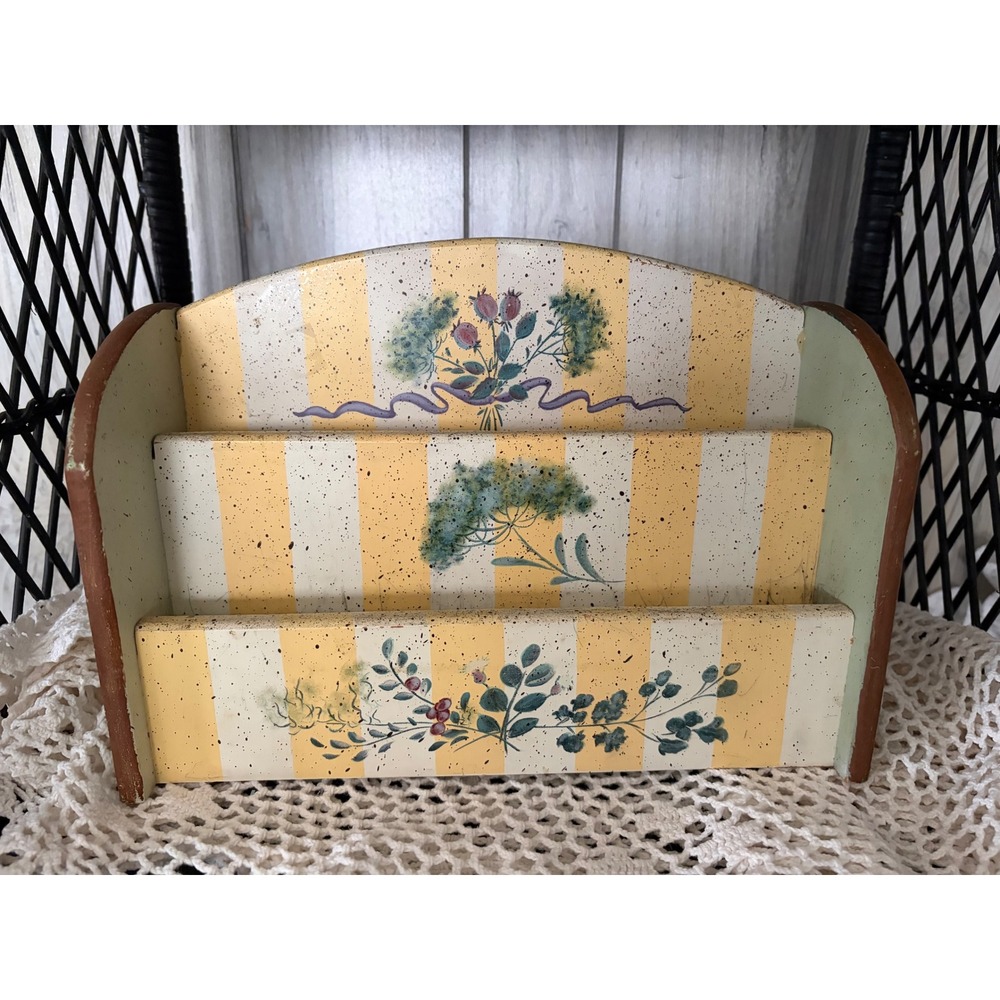 Wooden Letter Holder Floral Striped Mail Sorter Vintage